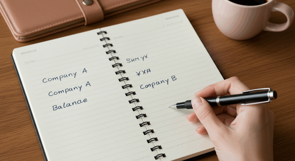 おしゃれなノートとペン、女性の手が「カード会社A 残高〇〇円」と書き出している様子