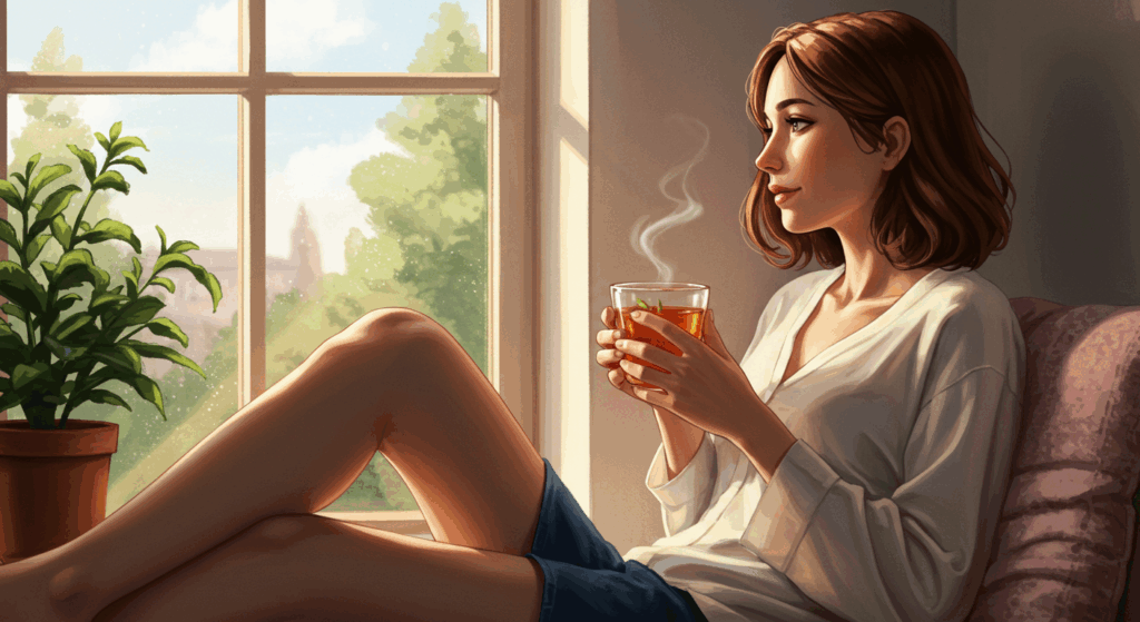 優しい雰囲気のイラスト、窓辺でハーブティーを飲みながら、ほっと一息ついている30代の女性、表情は穏やか、日差しが差し込んでいる
