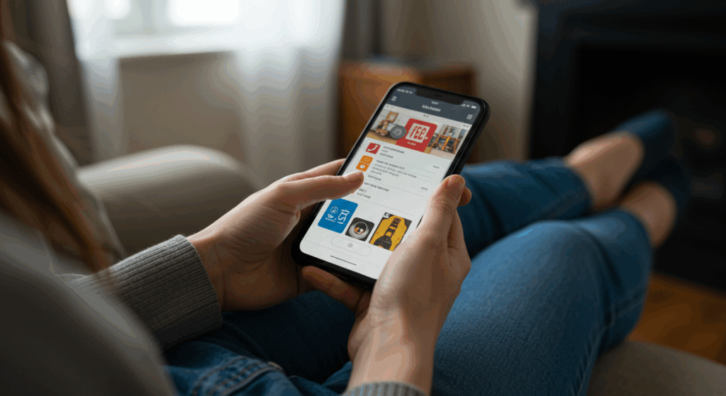 明るいリビングで、女性がスマホでフリマアプリに出品作業をしている手元のアップ。楽しそうな雰囲気で