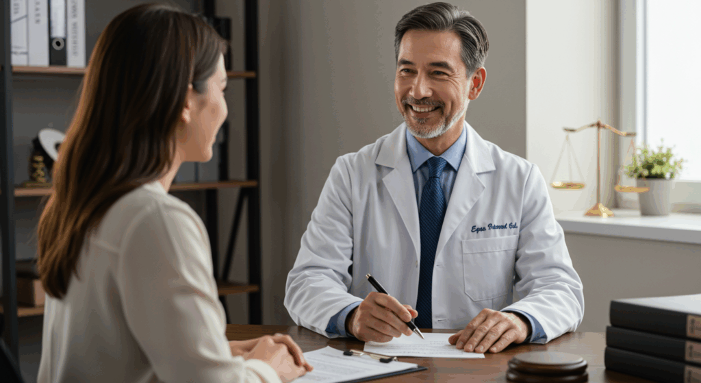 明るい相談室、30代の女性相談者に優しく微笑みかける40代の男性専門家、テーブルの上には書類とペン、深刻ではなく、希望が感じられる雰囲気